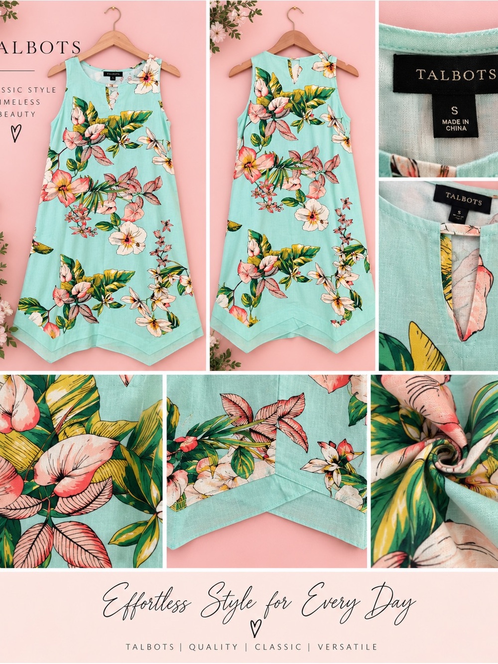 Talbots Women’s Small Aqua Tropical Floral Sleeveless Midi Dress